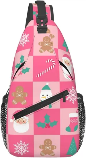 Christmas checkered bell Crossbody Sling Bag Adjustable Holiday Pattern With Christmas Candies Chest Bag Shoulder Bag Backpack