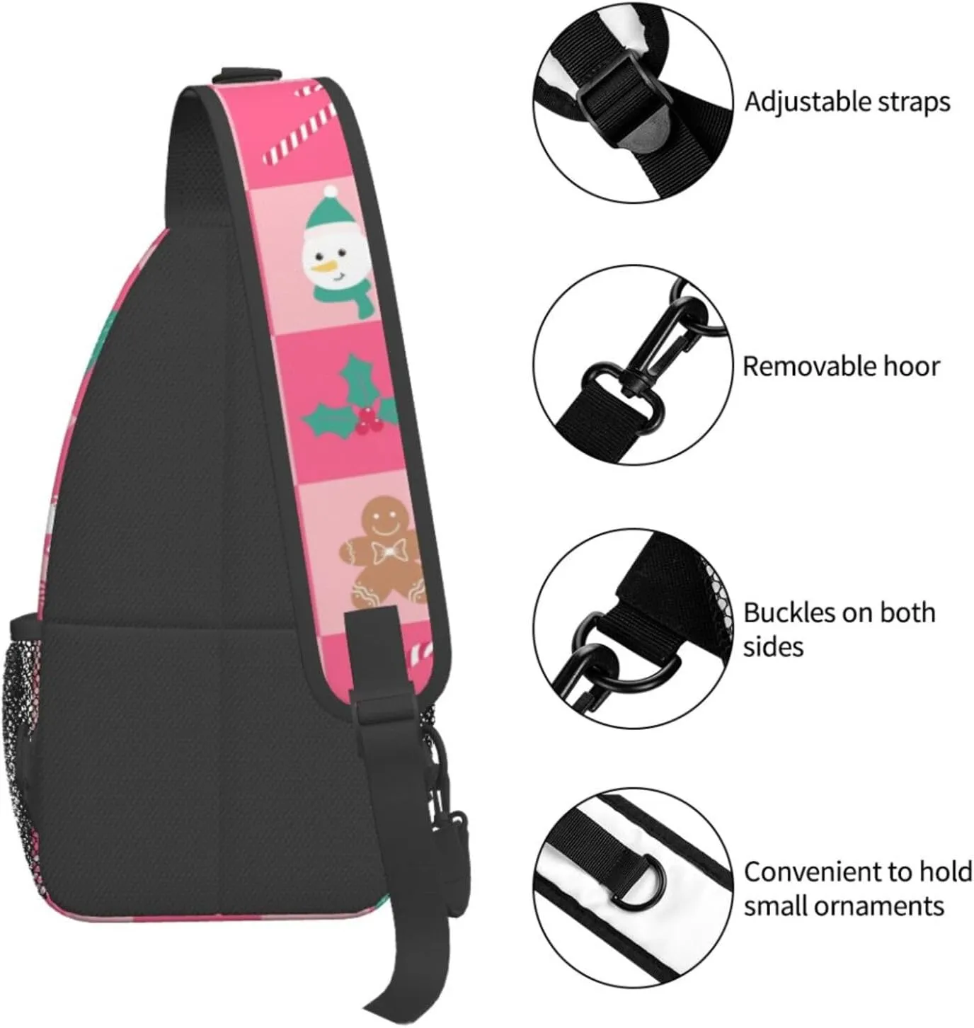 Christmas checkered bell Crossbody Sling Bag Adjustable Holiday Pattern With Christmas Candies Chest Bag Shoulder Bag Backpack