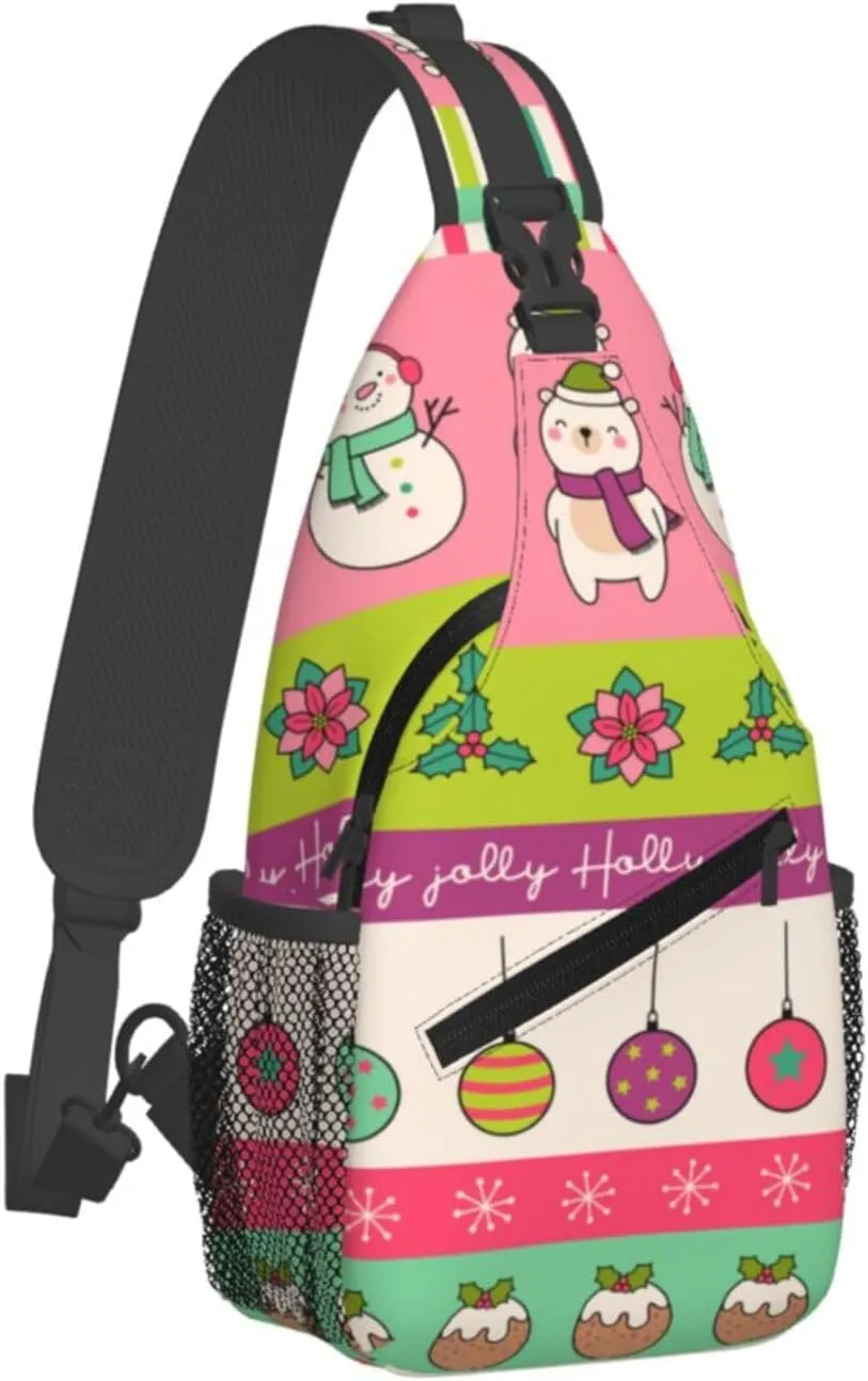 Christmas Checkered bell Crossbody Sling Bag Adjustable Holiday Pattern With Christmas Candies Chest Bag Shoulder Bag Backpack