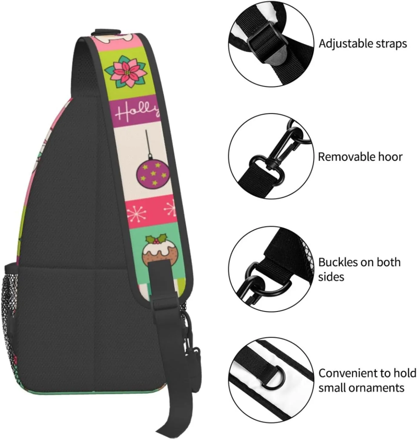 Christmas Checkered bell Crossbody Sling Bag Adjustable Holiday Pattern With Christmas Candies Chest Bag Shoulder Bag Backpack