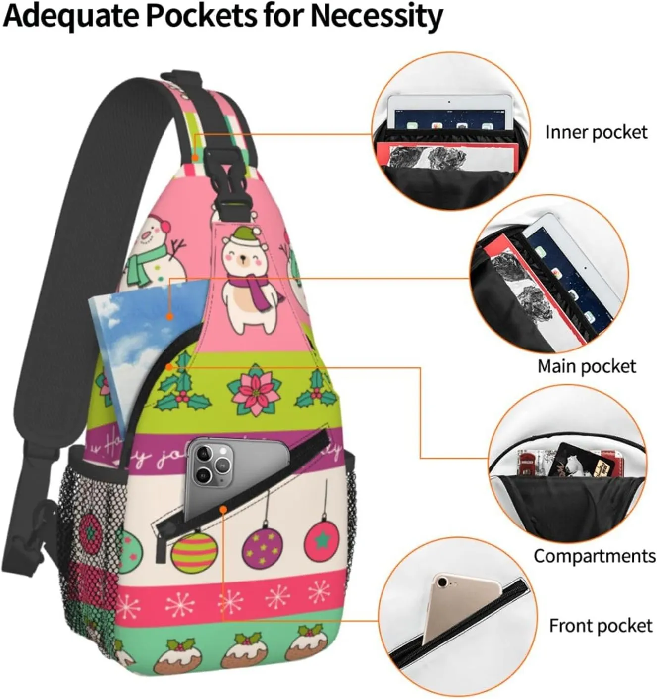 Christmas Checkered bell Crossbody Sling Bag Adjustable Holiday Pattern With Christmas Candies Chest Bag Shoulder Bag Backpack