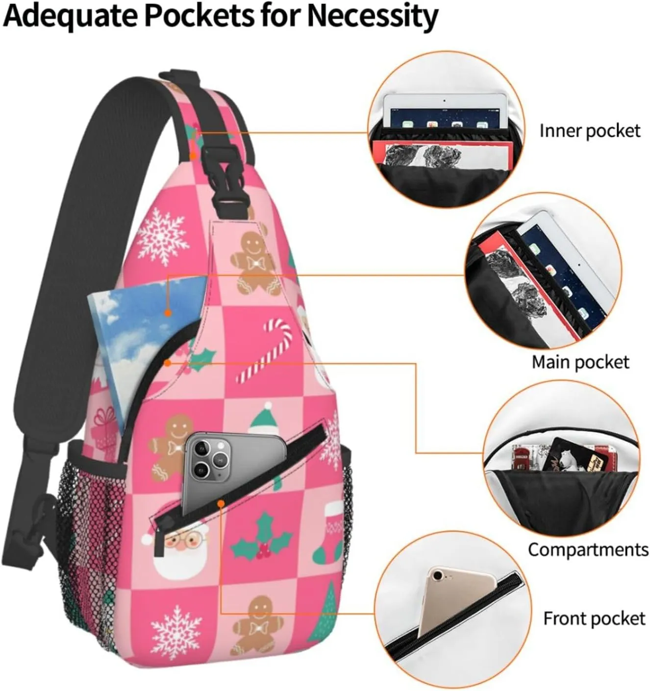 Christmas checkered bell Crossbody Sling Bag Adjustable Holiday Pattern With Christmas Candies Chest Bag Shoulder Bag Backpack