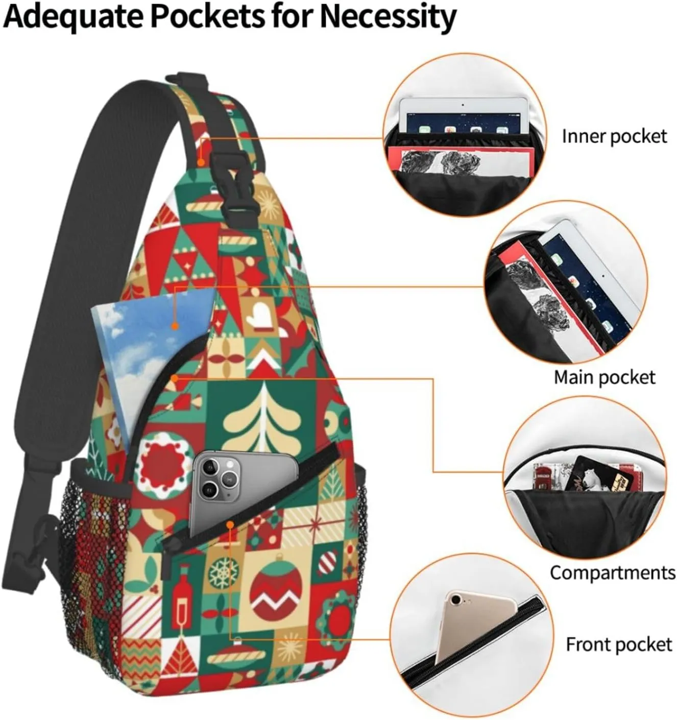 Christmas Checkered Gingerbread Man Crossbody Sling Bag Adjustable Holiday Pattern With Christmas Candies Chest Bag Shoulder Bag Backpack