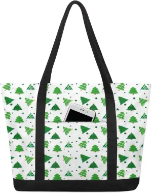 Christmas Trees Pattern Tote Bag for Women Work Canvas Travel Tote Bags with Zipper Large Capacity Casual Handbag with Inner Pockets Reusable Shopping Shoulder Bag for Teacher Nurse