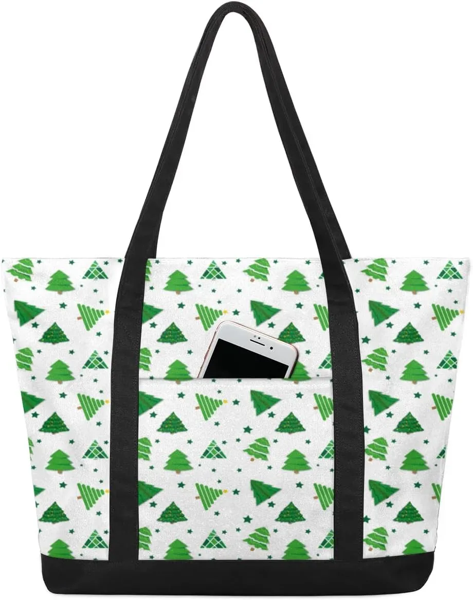Christmas Trees Pattern Tote Bag for Women Work Canvas Travel Tote Bags with Zipper Large Capacity Casual Handbag with Inner Pockets Reusable Shopping Shoulder Bag for Teacher Nurse