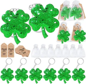 CiciBear 60 Pack Double-deck Four Leaf Clover Lucky Clover Sequin Keychain Set with 20 Keychains, 20 Thank You Tags and 20 Gift Bags for St Patricks Party Favor, Kids and Adult Birthday, Baby Shower