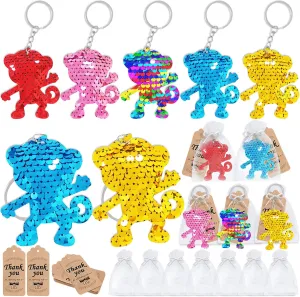 CiciBear 60 Pack Double-deck Monkey Sequin Keychain Set with 20 Monkey Keychains, 20 Thank You Tags and 20 Gift Bags for Forest Animal Party Favor, Kids and Adult Birthday, Baby Shower, 5 Colors