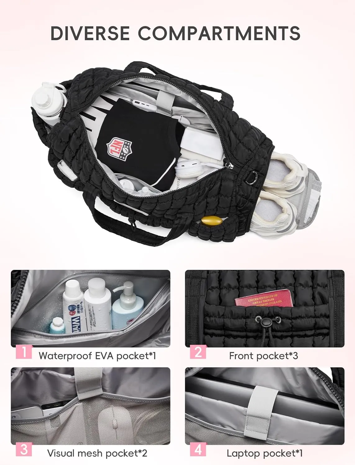 CLUCI Quilted Duffel Bag for Women, Large Puffer Duffle Weekender Bag with Shoe Compartment, Overnight Carry On Bag Workout for Airplane, Sports