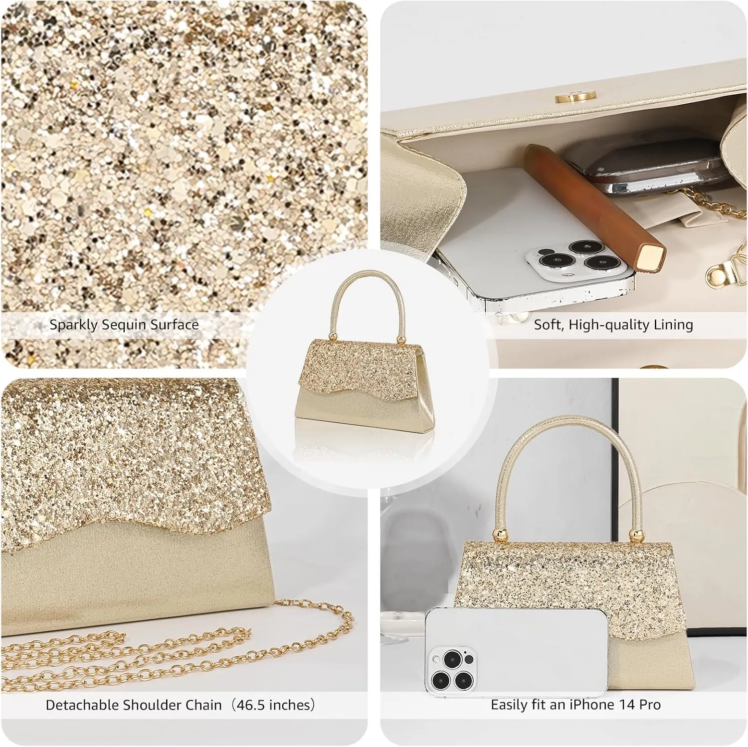 Clutch Purse for Women Small Sequin Purses Gold Evening Bag for Wedding Handbag for Party Clutch Cocktail Bags