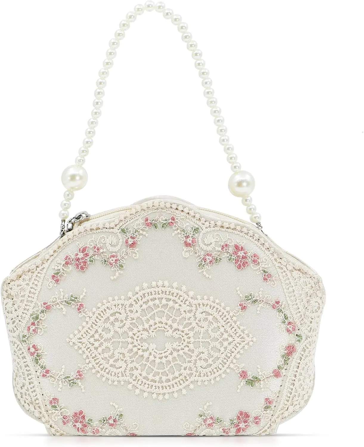 Clutch Purses for Women, Lace Embroidery Evening Bag, Pearl Handles, Handbags for Wedding, Prom, Parties, Travel(White)