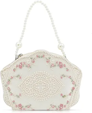 Clutch Purses for Women, Lace Embroidery Evening Bag, Pearl Handles, Handbags for Wedding, Prom, Parties, Travel(White)