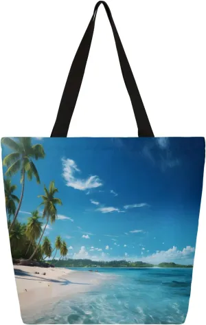Coconut Beach Scenery Large Capacity Canvas Tote Bag Stylish Handheld Shoulder Bag Reusable Shopping Bag for Work Travel Beach Trips Shopping