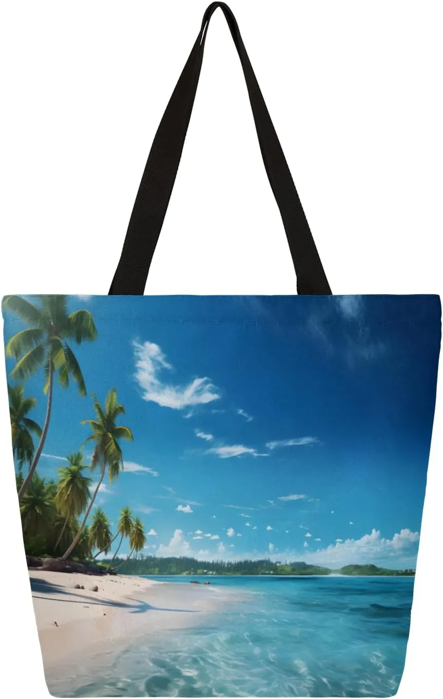 Coconut Beach Scenery Large Capacity Canvas Tote Bag Stylish Handheld Shoulder Bag Reusable Shopping Bag for Work Travel Beach Trips Shopping