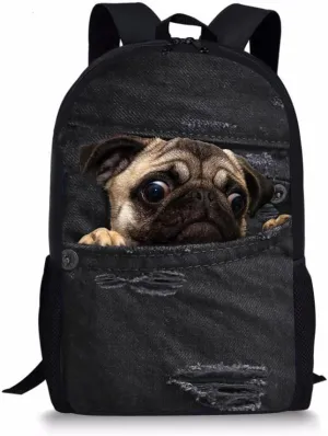 Coloranimal Cute Pug Dog Backpack Kids Vintage Denim Print School Bags Girls Bookbags