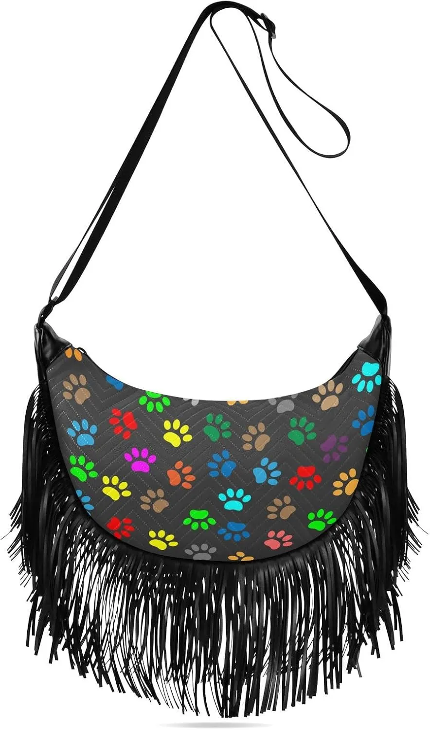 Colorful Animal Paw Prints Fringe Bag for Women Cross Body Bag Tassel Shoulder Bag Satchel