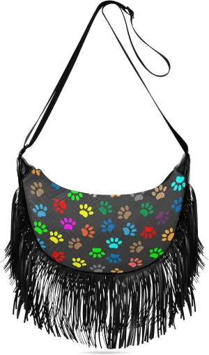Colorful Animal Paw Prints Fringe Bag for Women Cross Body Bag Tassel Shoulder Bag Satchel