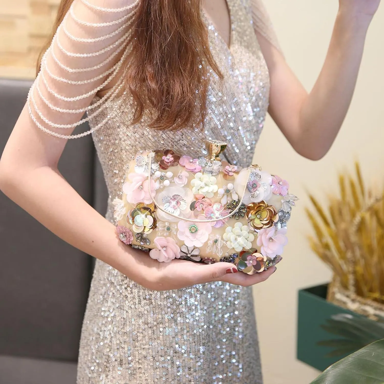 Colorful Rhinestone Flower Clutch Purse for Women Designer Evening Handbag Chain Strap Shoulder bag for Wedding Party