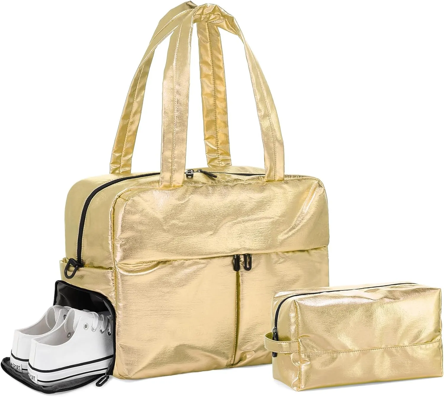 Compact Travel Duffel Bag for Women, 30L Gym Bag - Stylish Weekender Bag with Shoe Pocket, TSA-Approved Carry-On for Airplane, Fitness, Weekend Getaway(Gold)