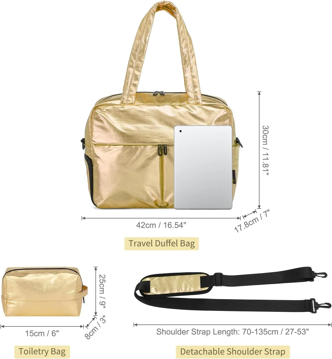 Compact Travel Duffel Bag for Women, 30L Gym Bag - Stylish Weekender Bag with Shoe Pocket, TSA-Approved Carry-On for Airplane, Fitness, Weekend Getaway(Gold)