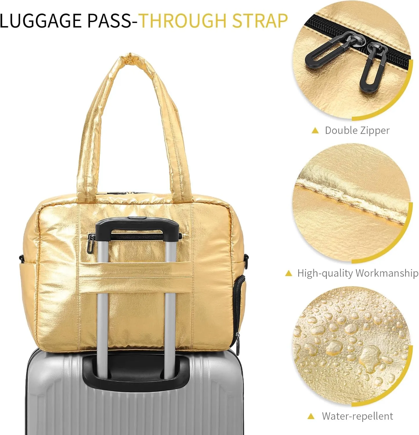 Compact Travel Duffel Bag for Women, 30L Gym Bag - Stylish Weekender Bag with Shoe Pocket, TSA-Approved Carry-On for Airplane, Fitness, Weekend Getaway(Gold)