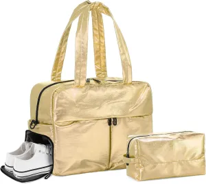Compact Travel Duffel Bag for Women, 30L Gym Bag - Stylish Weekender Bag with Shoe Pocket, TSA-Approved Carry-On for Airplane, Fitness, Weekend Getaway(Gold)