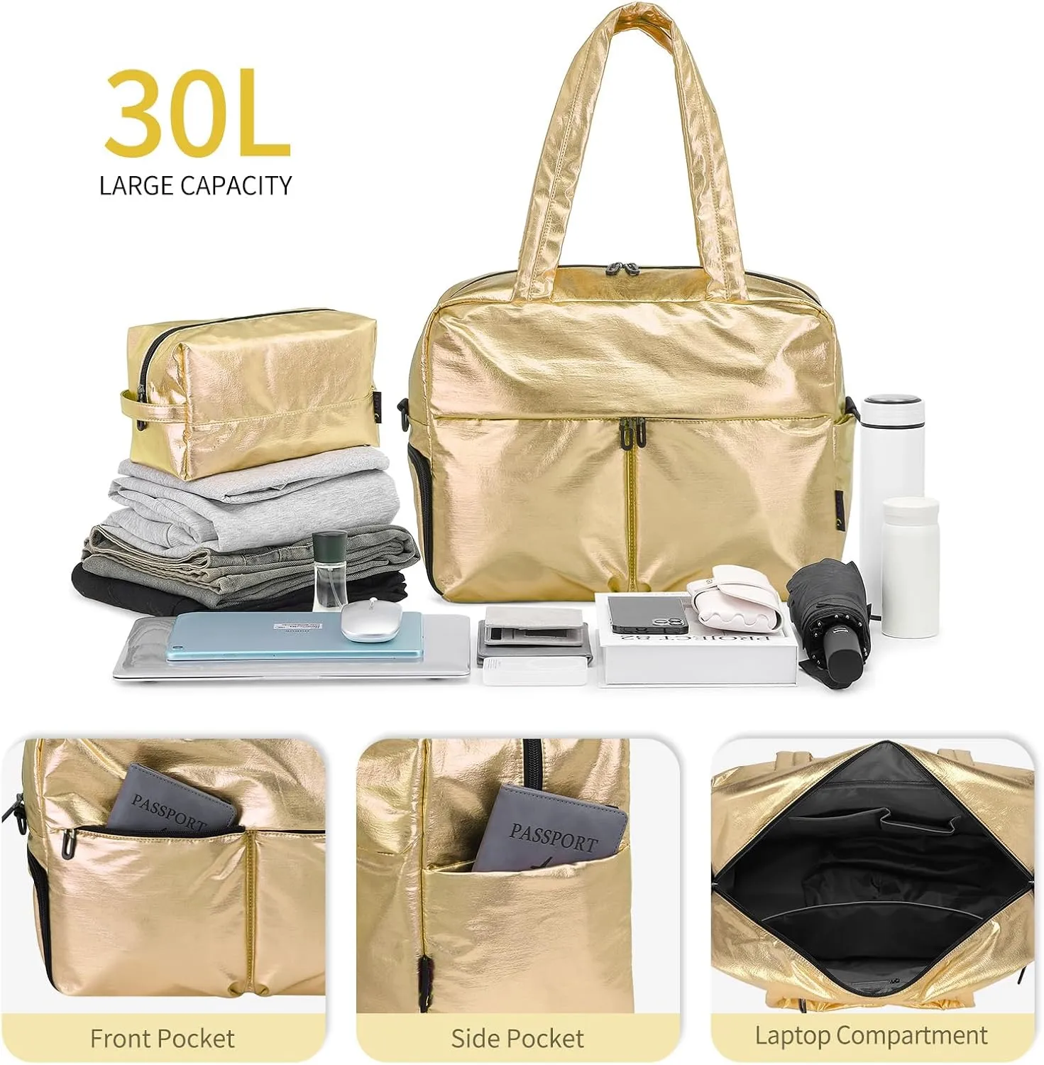 Compact Travel Duffel Bag for Women, 30L Gym Bag - Stylish Weekender Bag with Shoe Pocket, TSA-Approved Carry-On for Airplane, Fitness, Weekend Getaway(Gold)