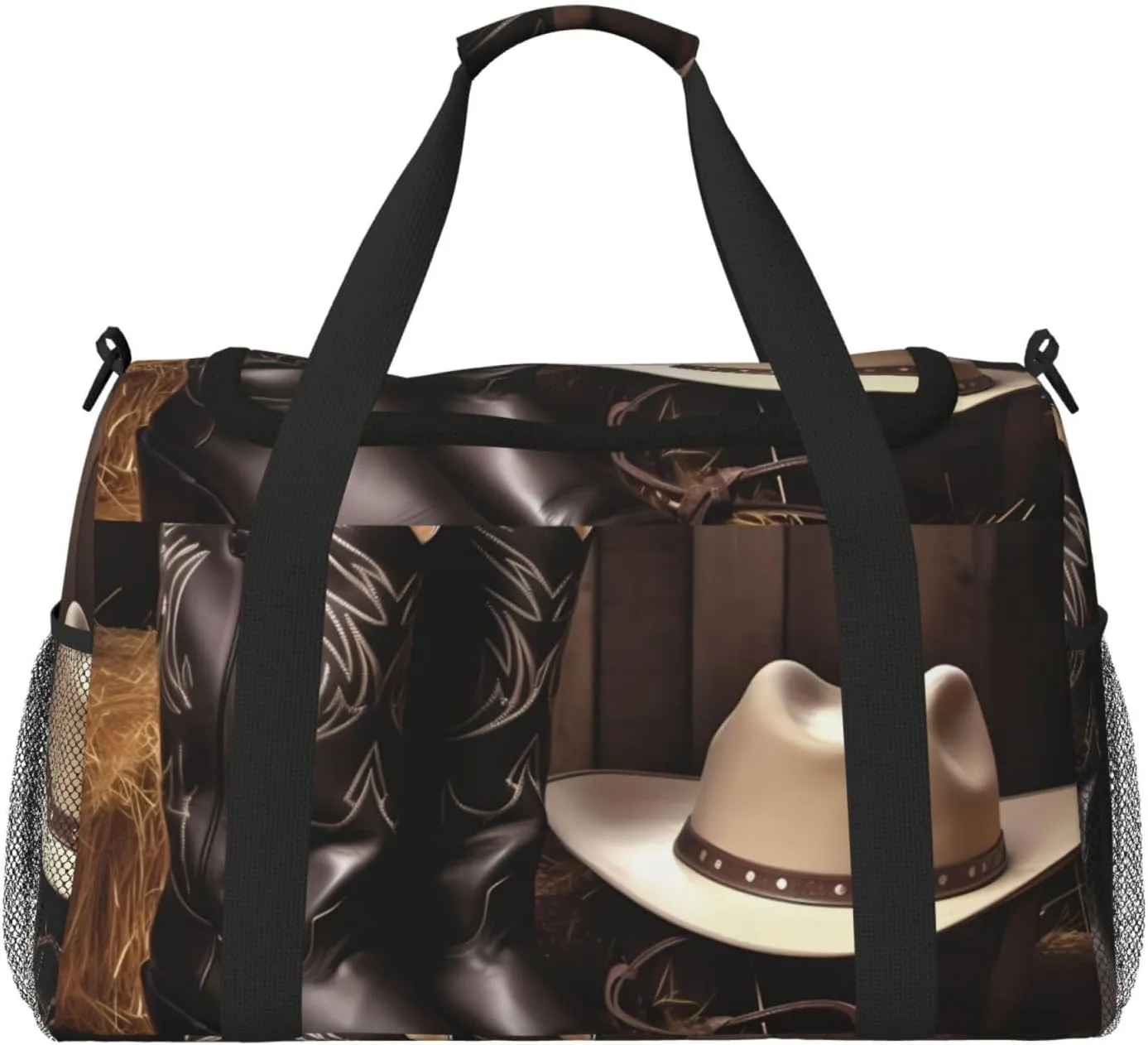 Cowboy Black Hat Western Boots Travel Duffel Bag Lightweight Waterproof Carry On Tote Bag Foldable Weekender Overnight Bags Sport Gym Bag For Women Men