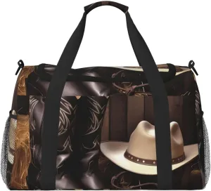 Cowboy Black Hat Western Boots Travel Duffel Bag Lightweight Waterproof Carry On Tote Bag Foldable Weekender Overnight Bags Sport Gym Bag For Women Men