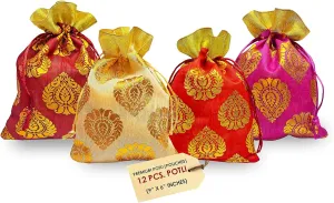 Craftsman 12 Pcs Big Size (9x6 Inch) Designer Potli Organza Pouch Favour Bags, Dry Fruit Diwali Gift Packaging Bag Handmade Premium Fabric With Random Design indian Housewarming Return Gift Items Bulk