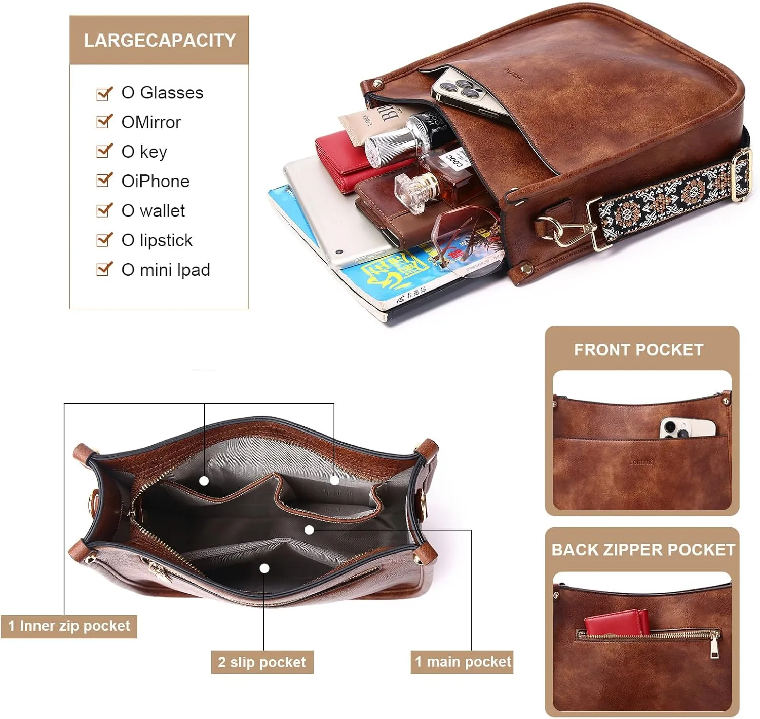 Crossbody Bag for Women Trendy Vegan Leather Hobo Handbags With 2PCS Adjustable Guitar Strap Shoulder Purse For Women…
