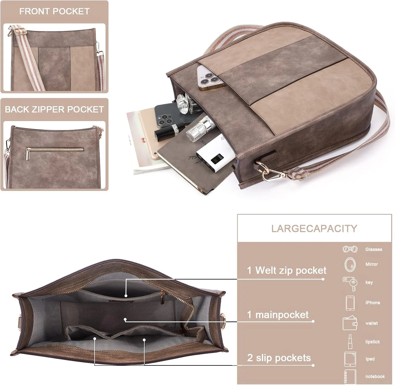 Crossbody Bag Women Vegan Leather Hobo Handbag Trendy Crossbody Shoulder Bag Purses For Women with 2 Adjustable Strap