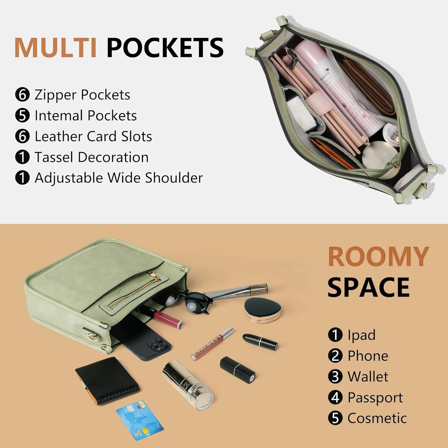 Crossbody Bags for Women 7-Pockets Purses for Women Vegan Leather Hobo Bag Shoulder Bag Handbags with Ajustable Strap