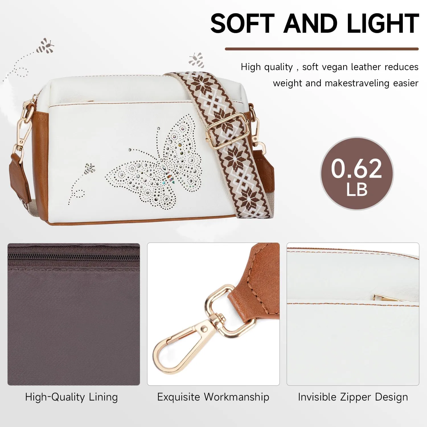 Crossbody Bags for Women, Vegan Leather Small Crossbody Purses Butterfly Shoulder Handbags with Wide Strap