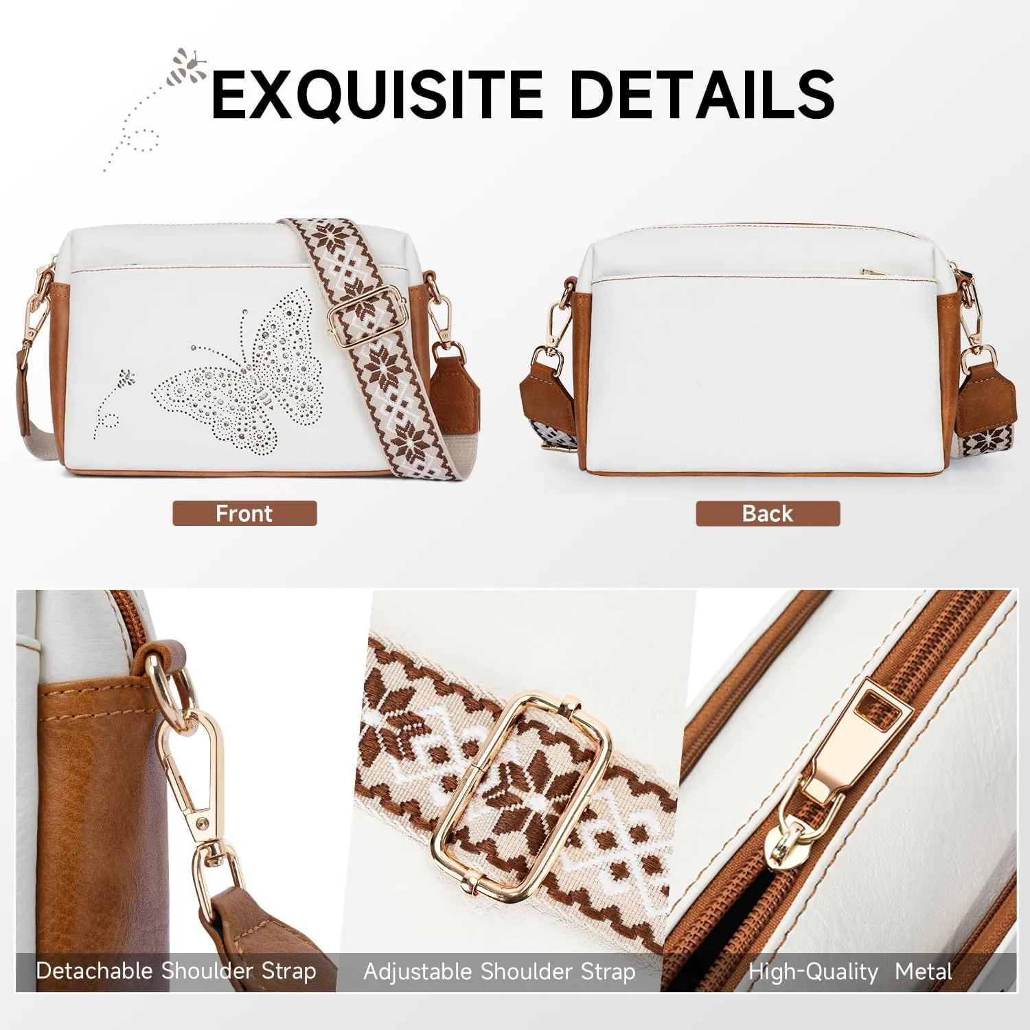 Crossbody Bags for Women, Vegan Leather Small Crossbody Purses Butterfly Shoulder Handbags with Wide Strap
