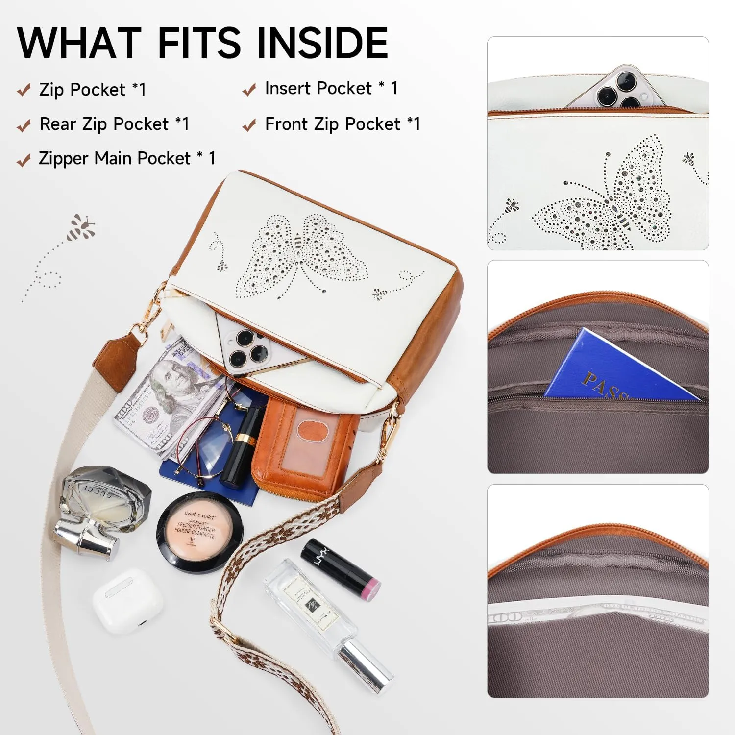 Crossbody Bags for Women, Vegan Leather Small Crossbody Purses Butterfly Shoulder Handbags with Wide Strap