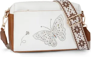 Crossbody Bags for Women, Vegan Leather Small Crossbody Purses Butterfly Shoulder Handbags with Wide Strap