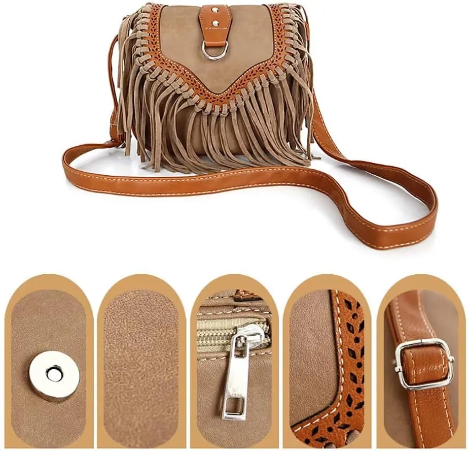 Crossbody Purse for Women Boho Bag with Tassel Vintage Hobo Bag Suede Fringe Bohemian Shoulder Handbag for Travel