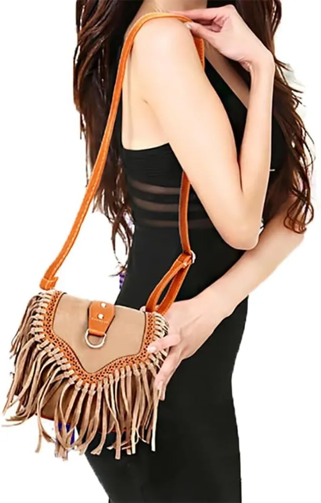Crossbody Purse for Women Boho Bag with Tassel Vintage Hobo Bag Suede Fringe Bohemian Shoulder Handbag for Travel