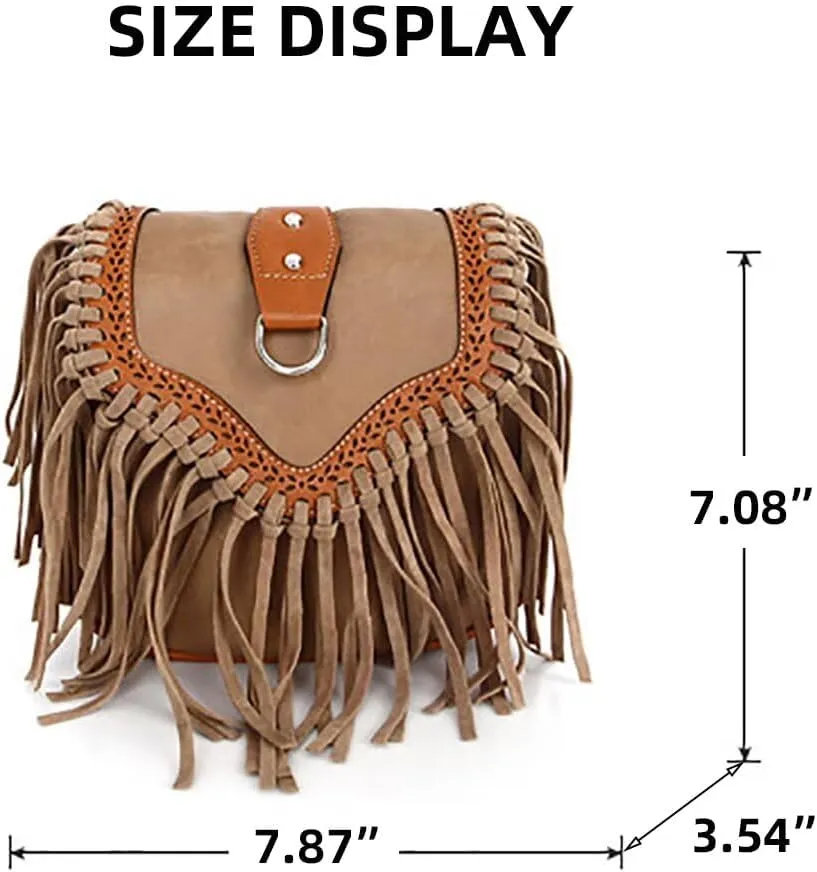 Crossbody Purse for Women Boho Bag with Tassel Vintage Hobo Bag Suede Fringe Bohemian Shoulder Handbag for Travel