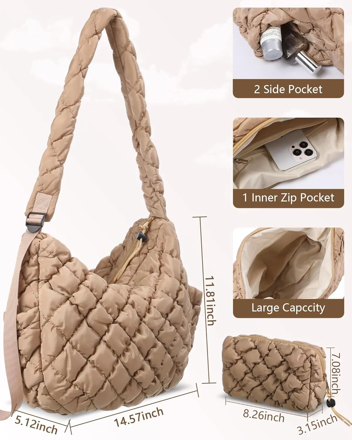 Cunno Quilted Puffer Tote Bag for Women with Small Bag Large Quilted Crossbody Carryall Puffy Handbag Purse