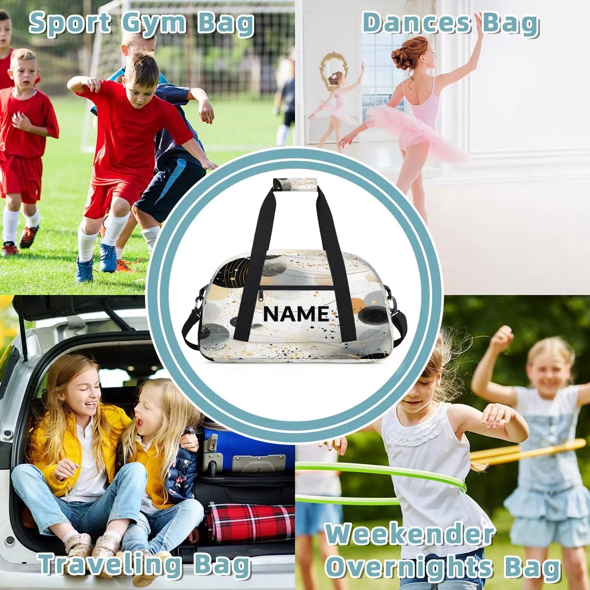 Custom Black and Grey Abstract Small Gym Bag 18 inch for Women Men Personalized Modern Geometric Carry On Overnight Weekender Bag for Travel Work Dance Sport