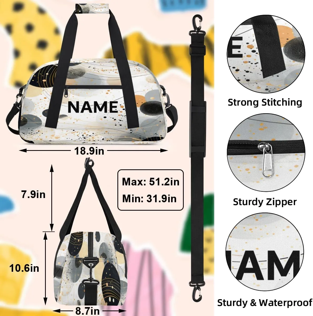 Custom Black and Grey Abstract Small Gym Bag 18 inch for Women Men Personalized Modern Geometric Carry On Overnight Weekender Bag for Travel Work Dance Sport