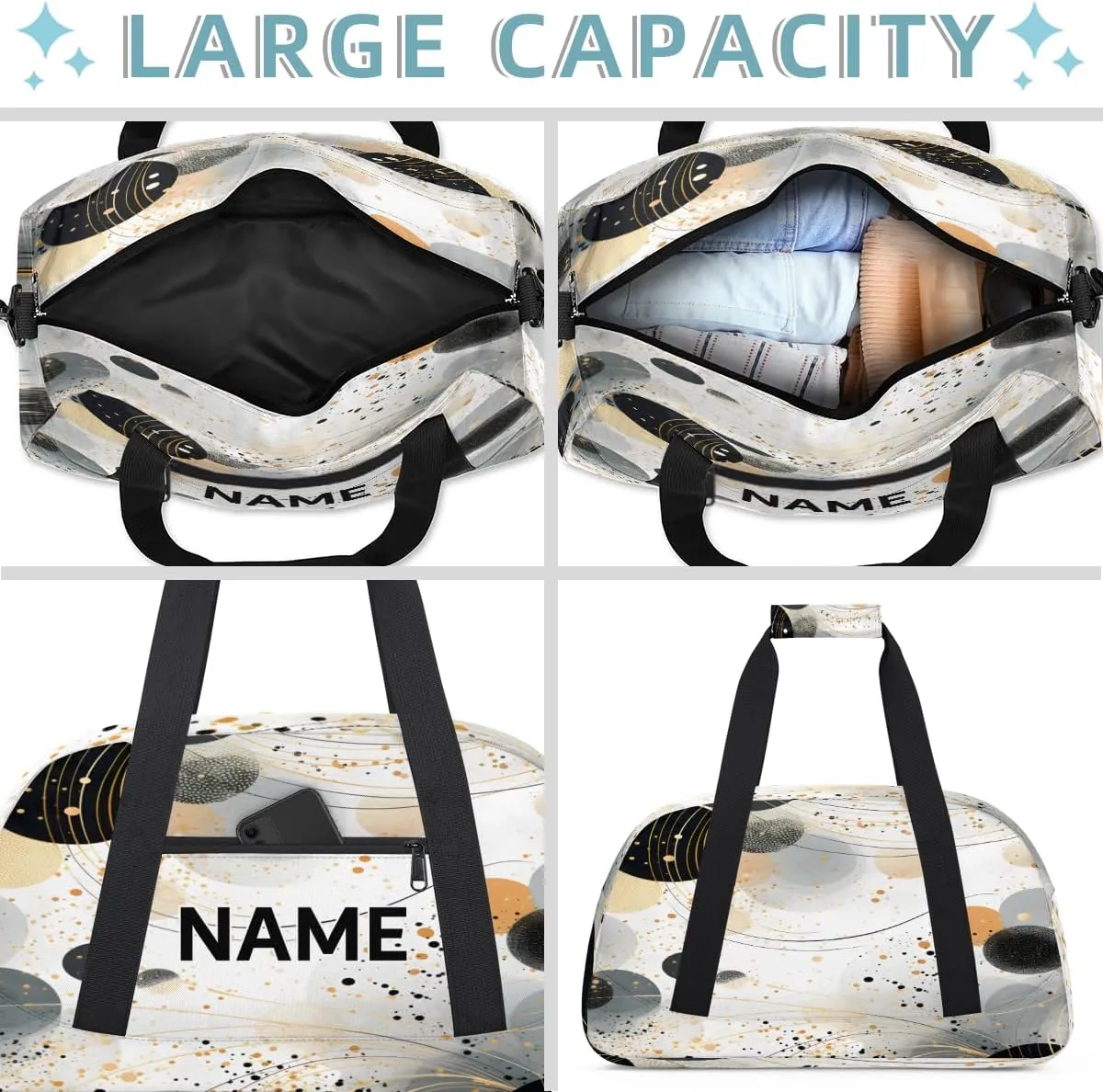 Custom Black and Grey Abstract Small Gym Bag 18 inch for Women Men Personalized Modern Geometric Carry On Overnight Weekender Bag for Travel Work Dance Sport