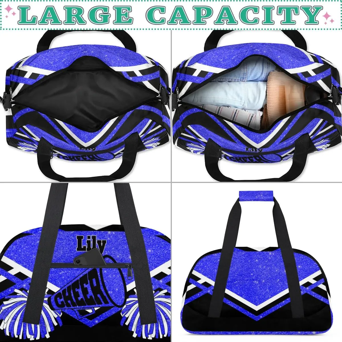Custom Blue Glittering Cheerleaders Bag, Custom Sport Duffel Bag Cheerleading Dance Bag Weekender Bags Travel Duffel Bag
