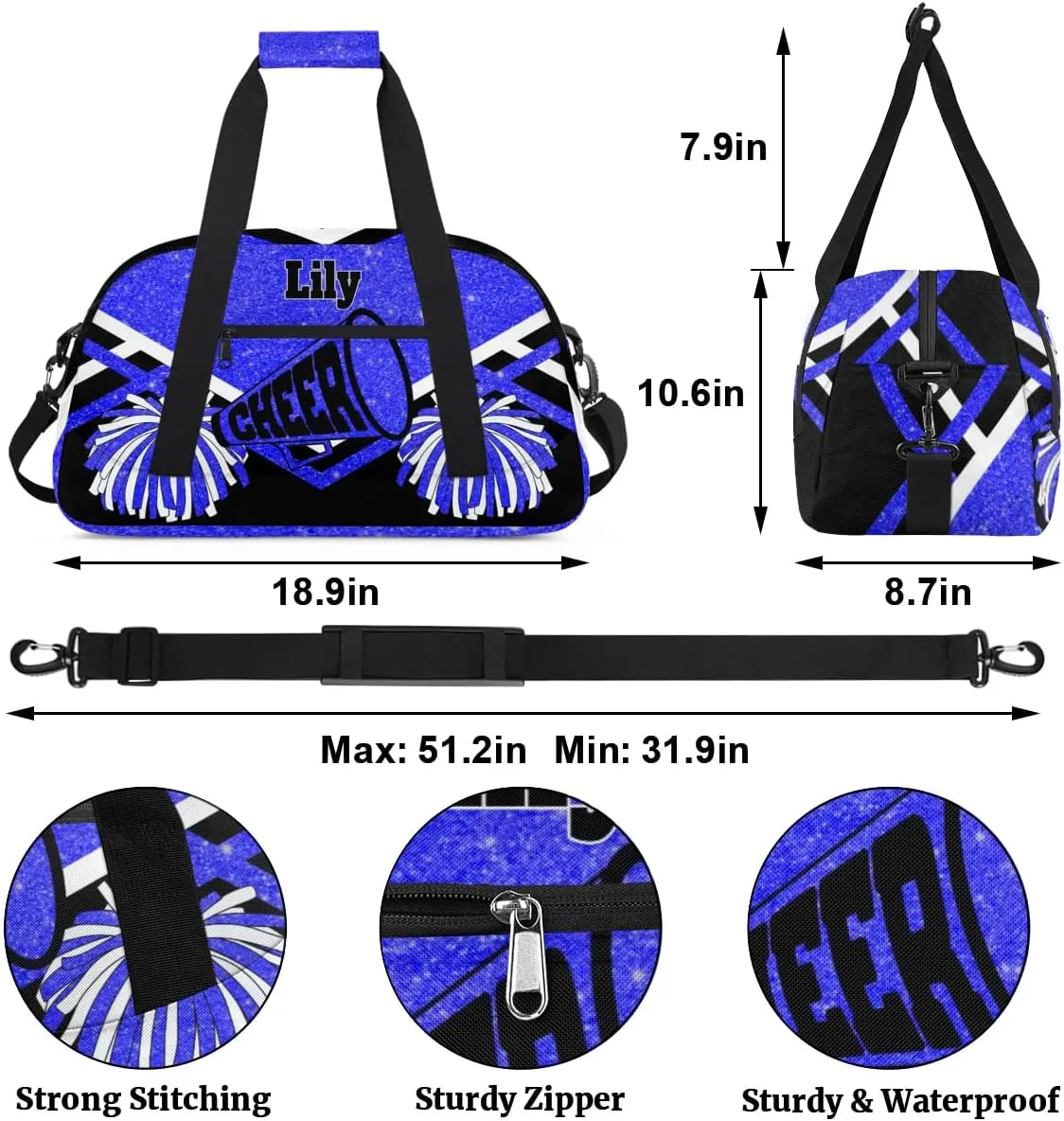 Custom Blue Glittering Cheerleaders Bag, Custom Sport Duffel Bag Cheerleading Dance Bag Weekender Bags Travel Duffel Bag