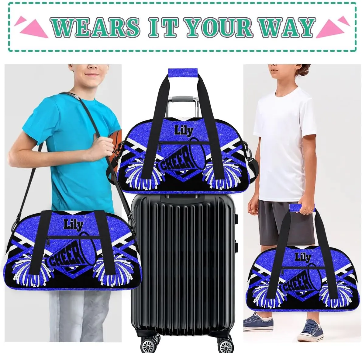 Custom Blue Glittering Cheerleaders Bag, Custom Sport Duffel Bag Cheerleading Dance Bag Weekender Bags Travel Duffel Bag