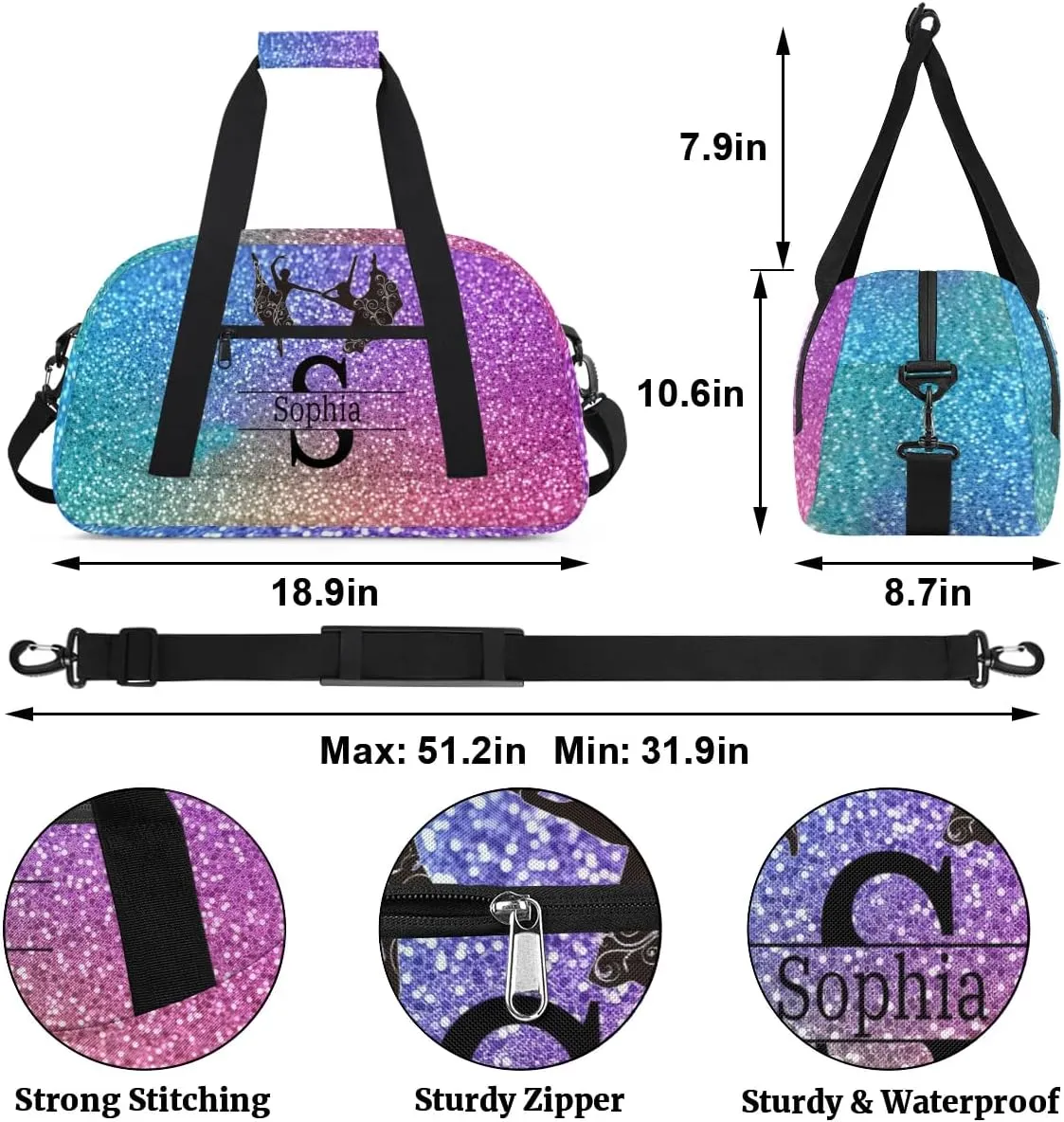 Custom Dance Ballet Bag, Personalized Duffle Bag with Name Overnight Bag Toddler Ballet Gym Duffle Bag Travel Weekend Sleepover Bag, Gradient Blue and Purple Gemstone Glittering