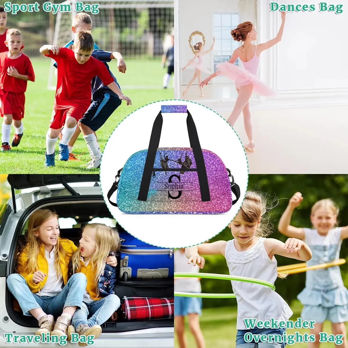 Custom Dance Ballet Bag, Personalized Duffle Bag with Name Overnight Bag Toddler Ballet Gym Duffle Bag Travel Weekend Sleepover Bag, Gradient Blue and Purple Gemstone Glittering