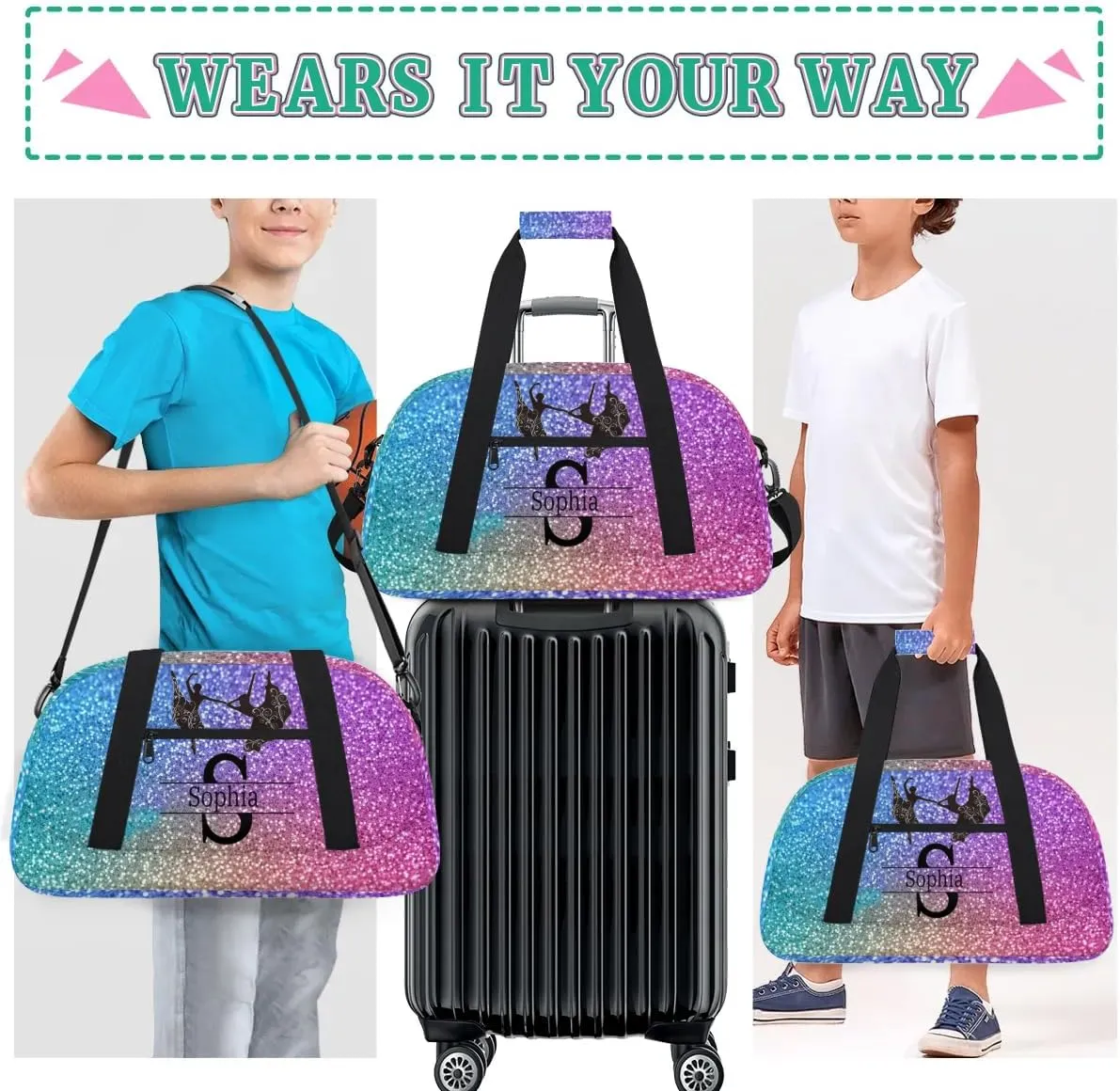 Custom Dance Ballet Bag, Personalized Duffle Bag with Name Overnight Bag Toddler Ballet Gym Duffle Bag Travel Weekend Sleepover Bag, Gradient Blue and Purple Gemstone Glittering