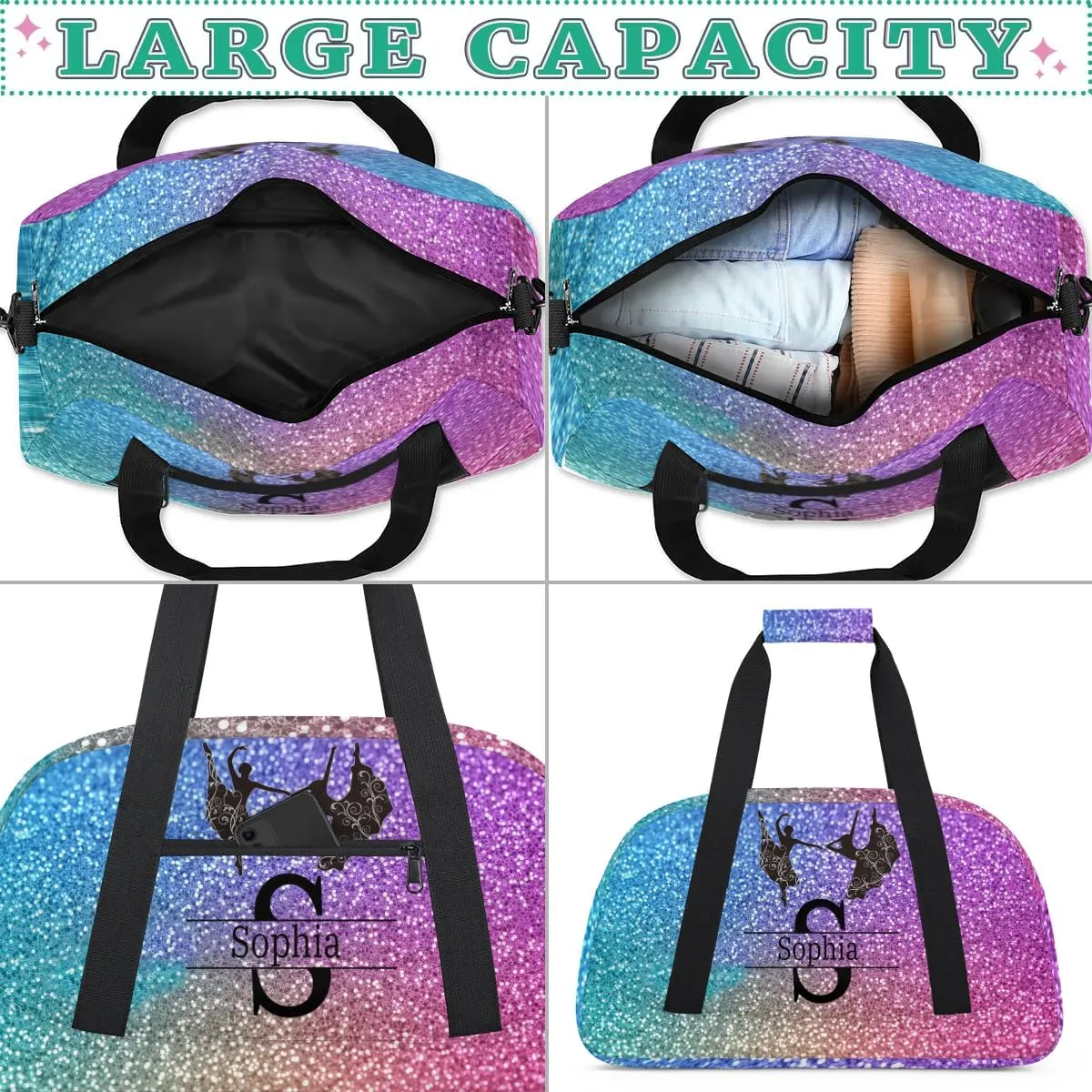 Custom Dance Ballet Bag, Personalized Duffle Bag with Name Overnight Bag Toddler Ballet Gym Duffle Bag Travel Weekend Sleepover Bag, Gradient Blue and Purple Gemstone Glittering